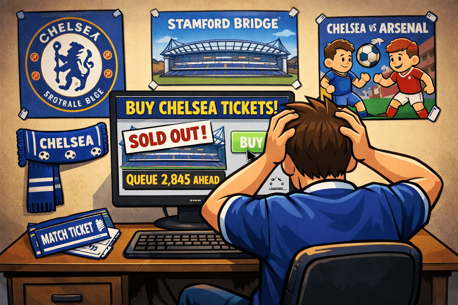 Cartoon of Chelsea fan trying to buy online tickets