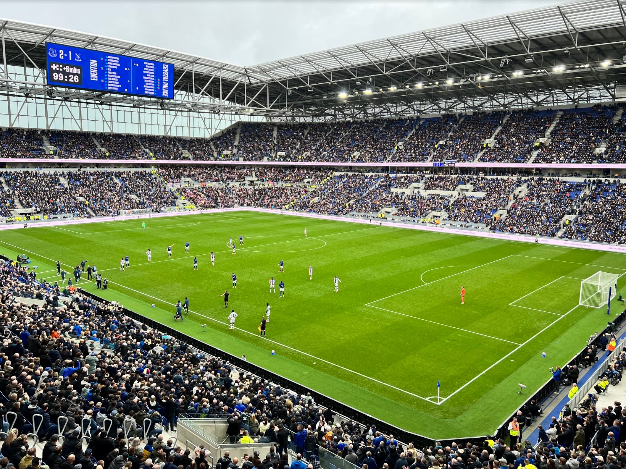 Inside Hill Dickinson Stadium during an Everton match with a full crowd and the pitch in view.