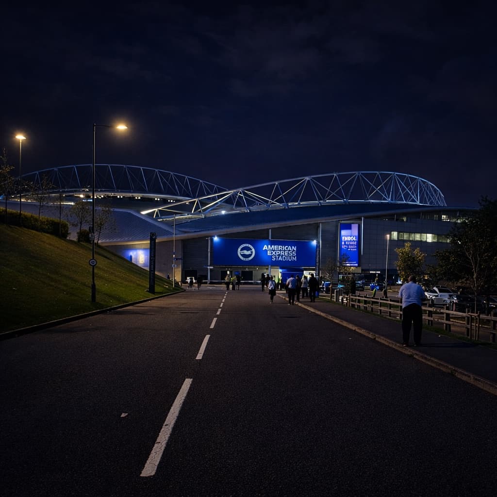 American Express Stadium at night with fans walking toward the entrance