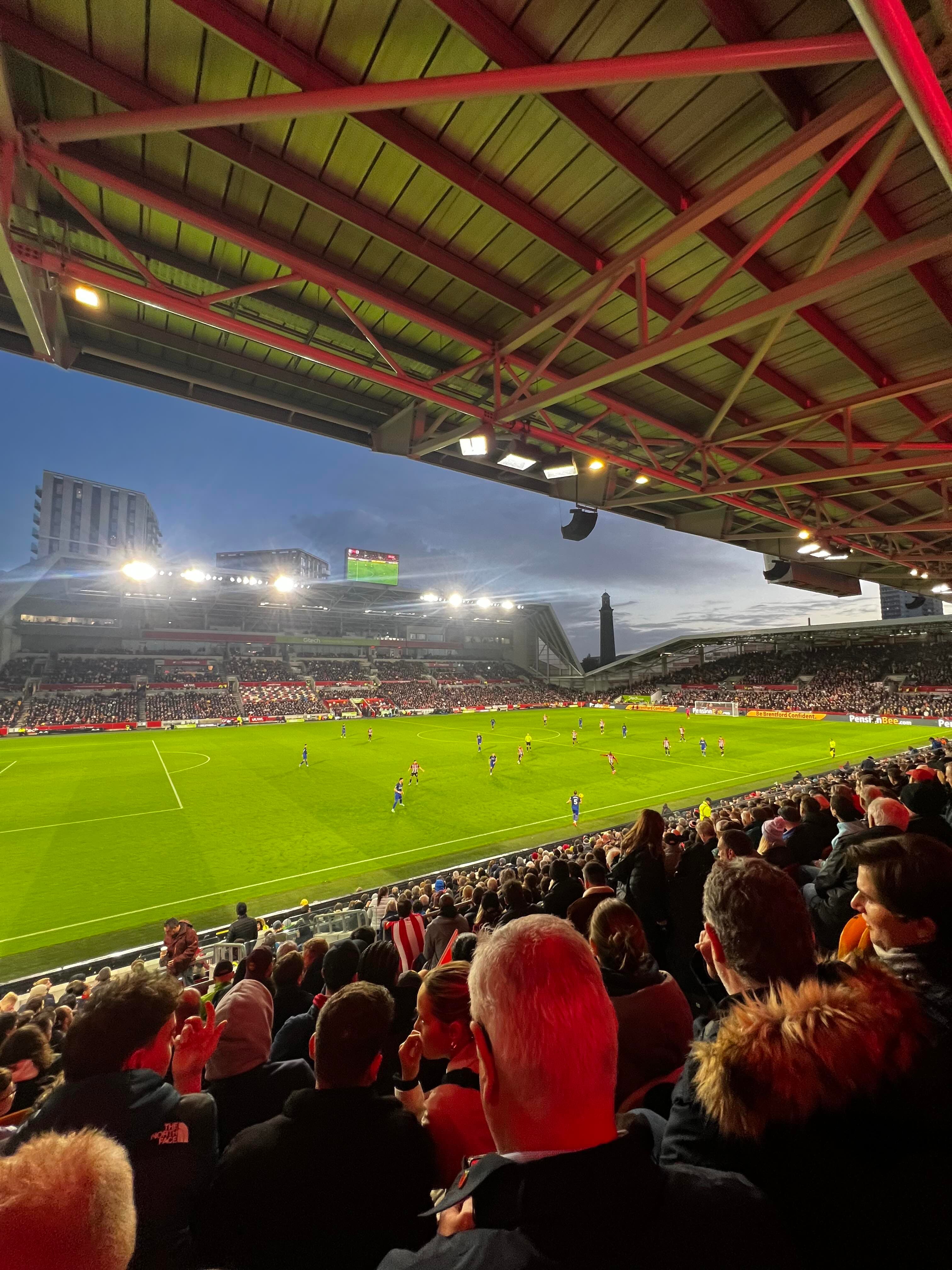 View from the South Stand inside the Gtech Community Stadium during a Brentford home game.