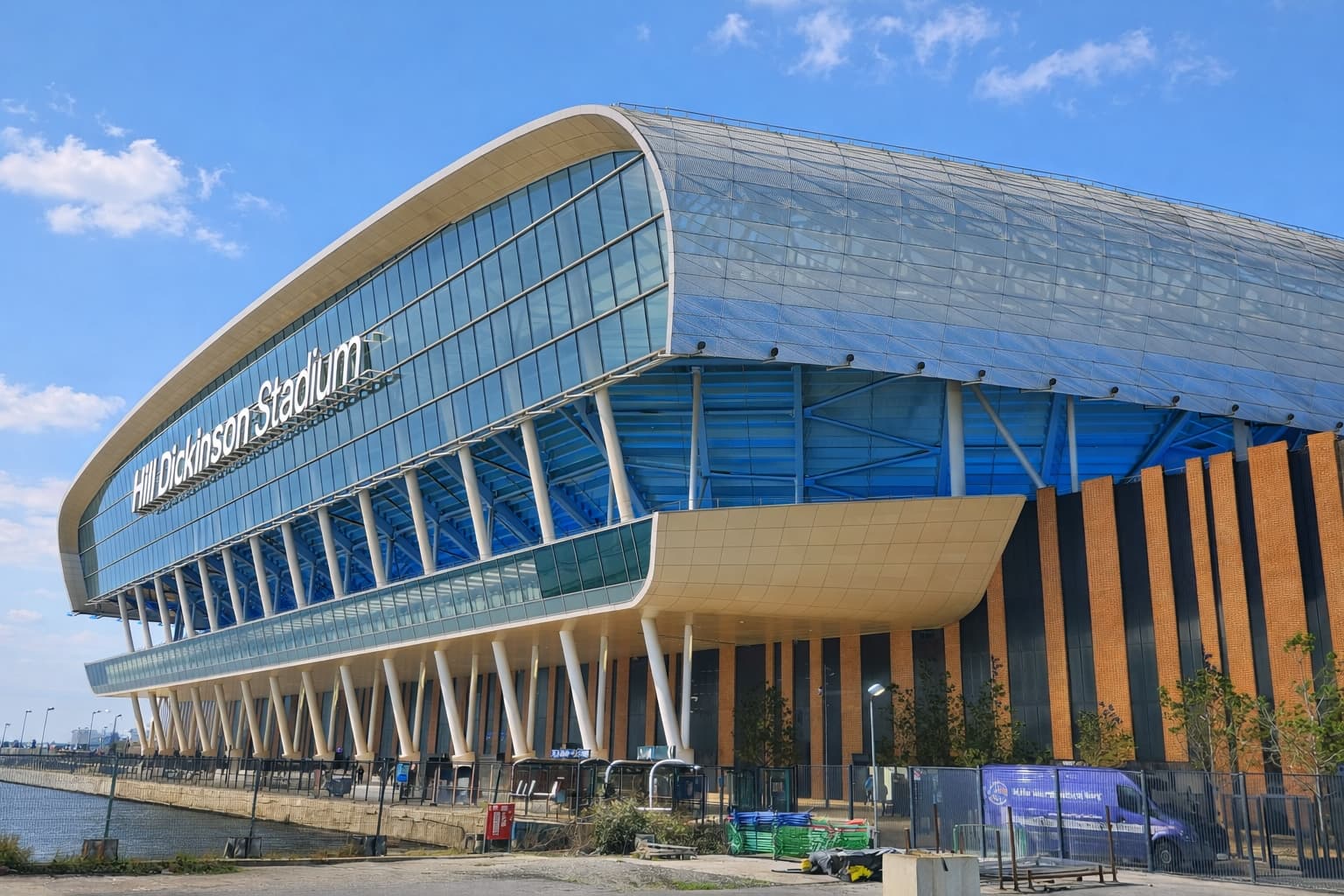 Hill Dickinson Stadium in Liverpool during daytime, Everton home stadium at Bramley Moore Dock.