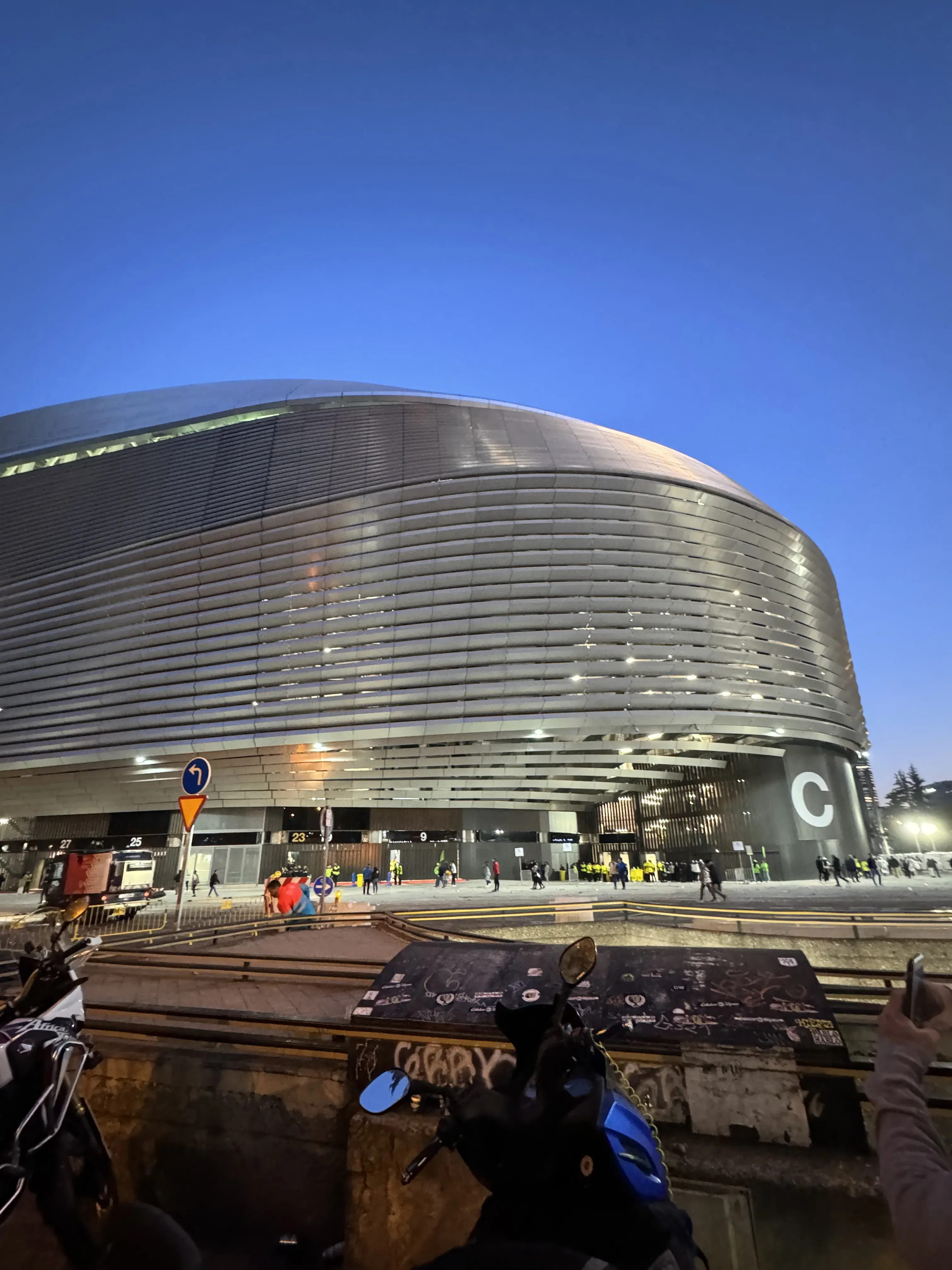 Exterior of Santiago Bernabéu Stadium in Madrid at night